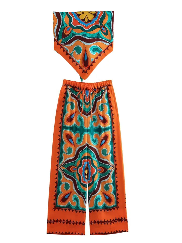 BlingBlingee Summer Printed Women Wide Pants Satin Suits Traf Asymmetric Sleeveless Strapless Crop Top Female Sets Y2K Camis-Pants Sets 2