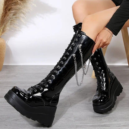 Winter High Heels Chain Chelsea Boots Platform Knee High Women Luxury Shoes 2024 Fashion New Trend Lace Up Wedges Zipper Boots