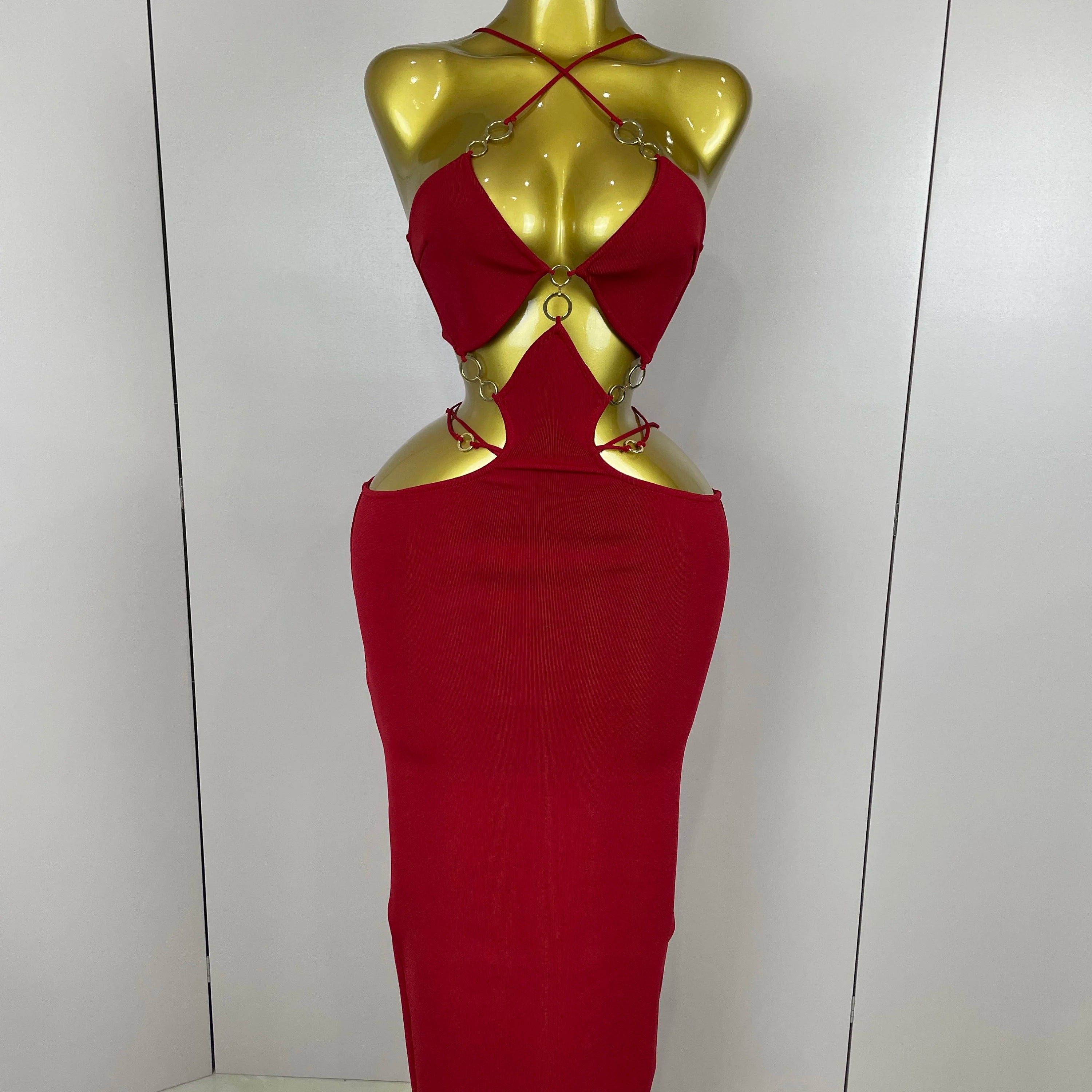 Sexy Halter Hollow Out Sleeveless Black Red Bodycon Long Bandage Dress 2025 Women Celebate Elegant Luxury Birthday Club Dress Red