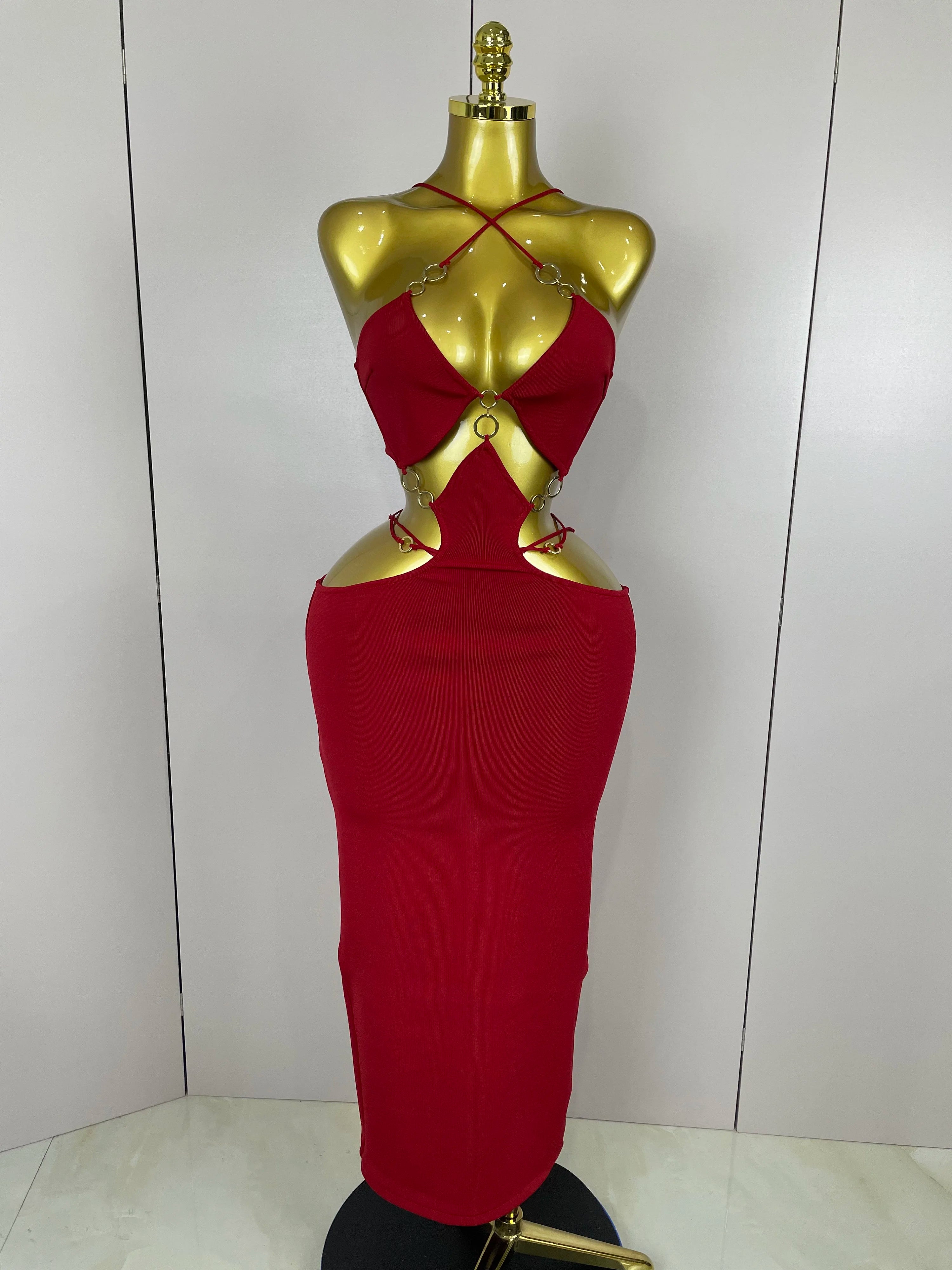 Sexy Halter Hollow Out Sleeveless Black Red Bodycon Long Bandage Dress 2025 Women Celebate Elegant Luxury Birthday Club Dress Red