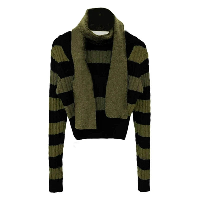 Elegant Scarf Collar and Cable Knit Long Sleeve Striped Skinny Sweater for Women Green