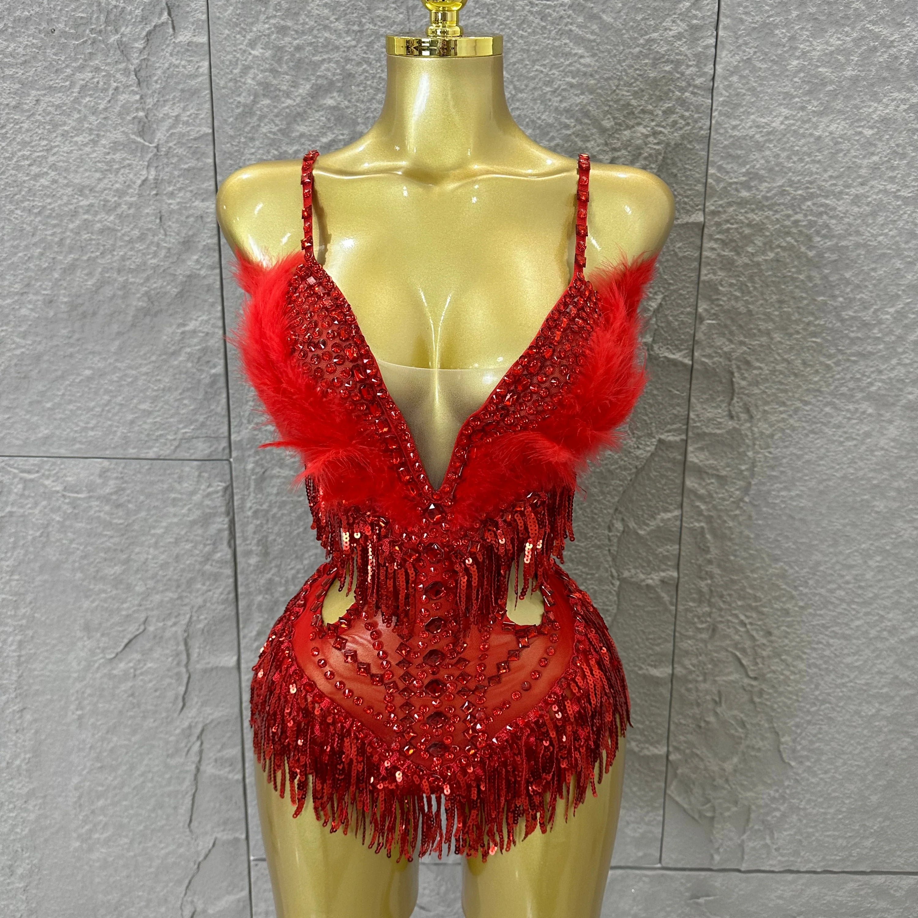 Luxurious Sheer Mesh Bodysuit Women Sexy Crystal Embellished Feather Fringe Trim Spaghetti Strap Outfit Stage Performance Outfit