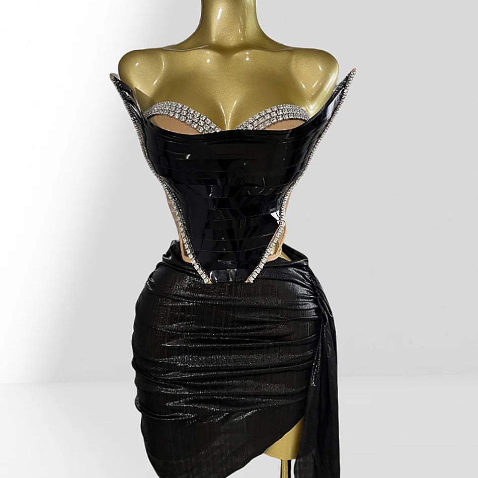 Fashionable Mirror Luxurious Rhinestone Lace -up Top And Mini Skirt Set 2 Pieces Woman Birthday Vestido Music Festival Outfit black