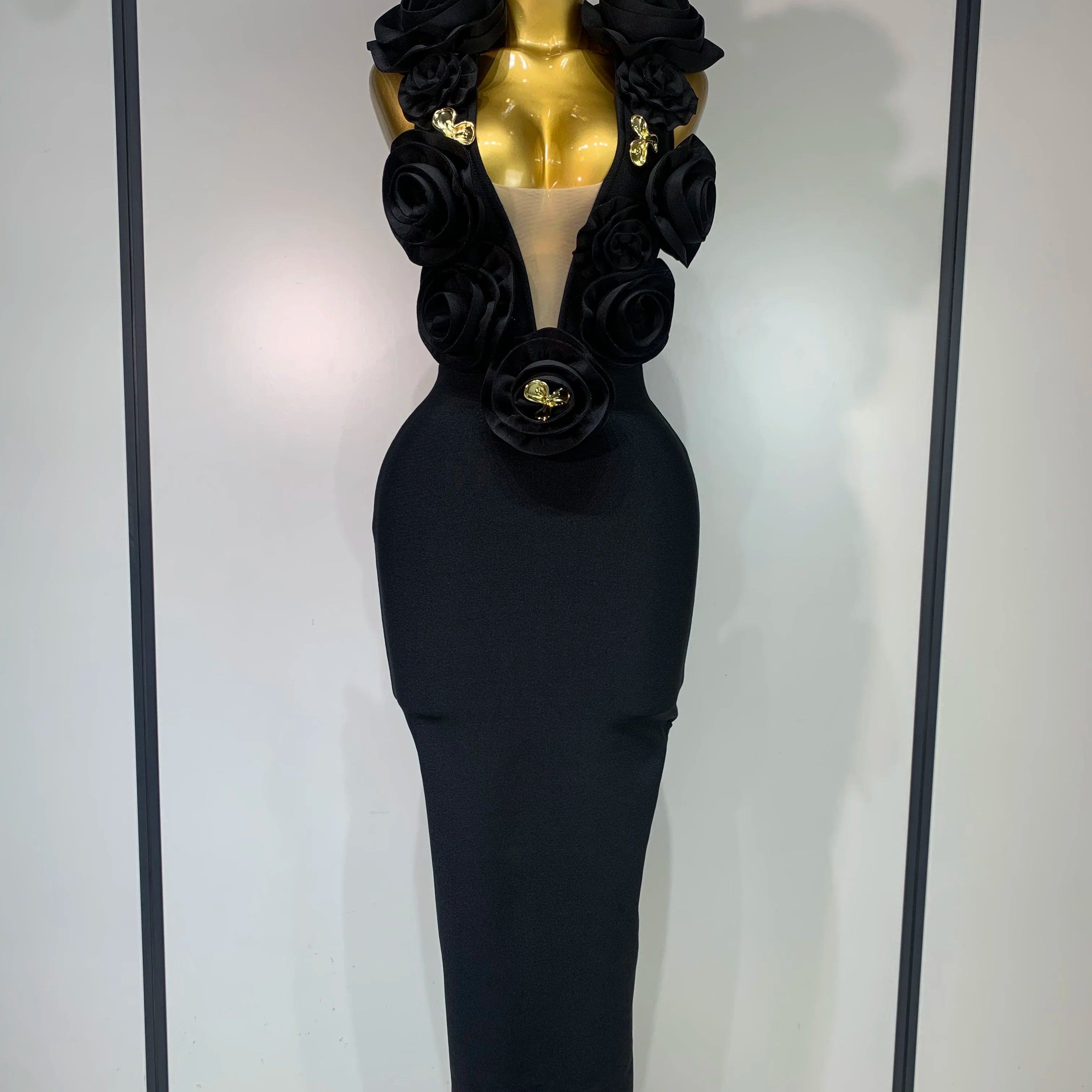 Fashion Black 3D Flower Bodycon Long Bandage Dress Celebrity Elegant Party Birthday Dress Women's Sleeveless Sexy Vestidos black