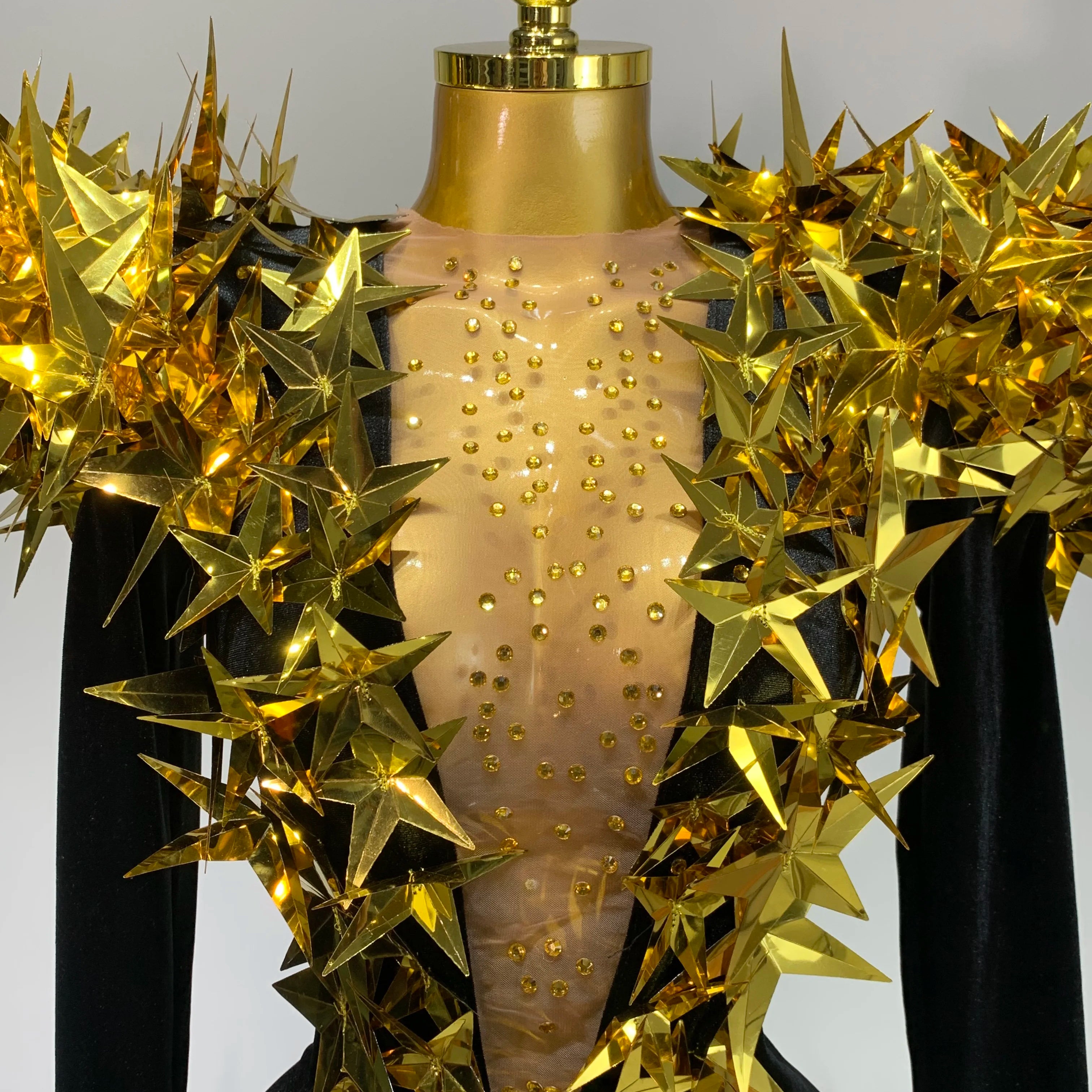 Women Sparkly Gold Rhinestone Black Velvet Long Sleeve Bodysuit Evening Party Club Gala Hosts Night Club Bar Stage Costumes