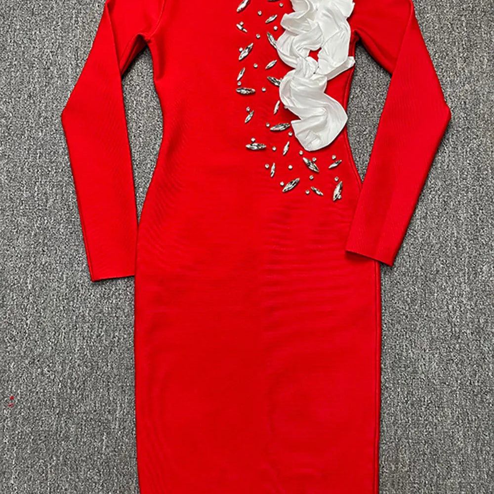 2024 Elegant Women's Light Luxury Patchwork Bandage Dress O-neck Long Sleeve Bodycon and Knee Dress Christmas Eve Party Vestidos Red