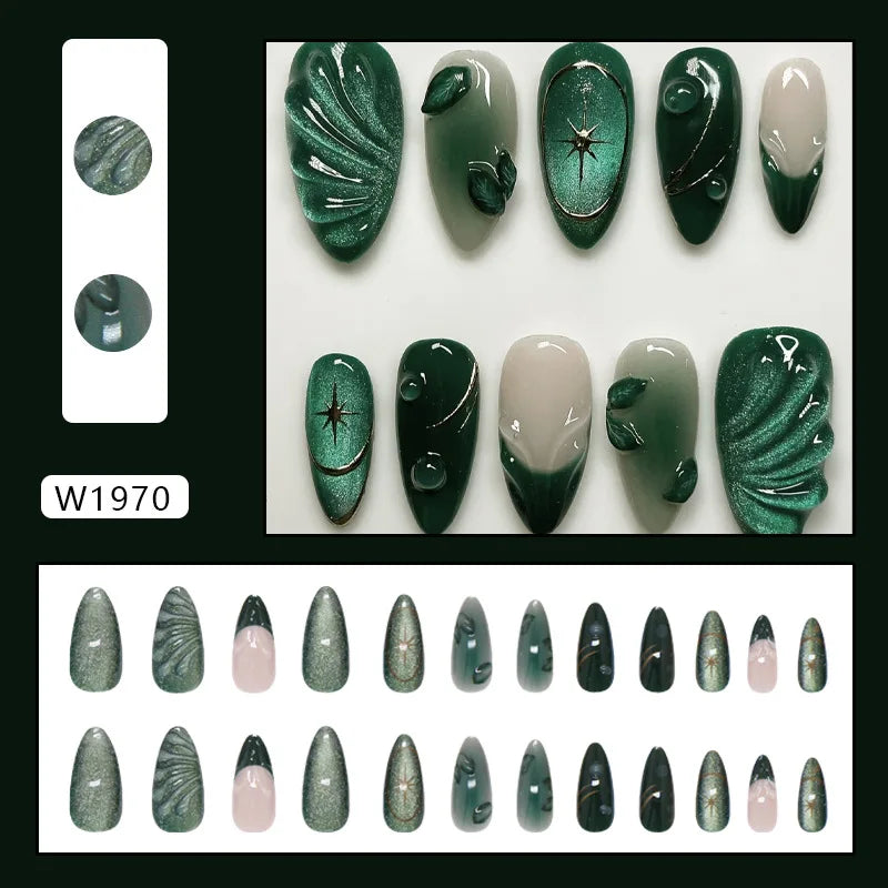 24pcs French Almond Press on Nails Retro Green Cat Eye Fake Nail Tips Detachable Wearable Sweet Cool Spice Girl False Nails 1