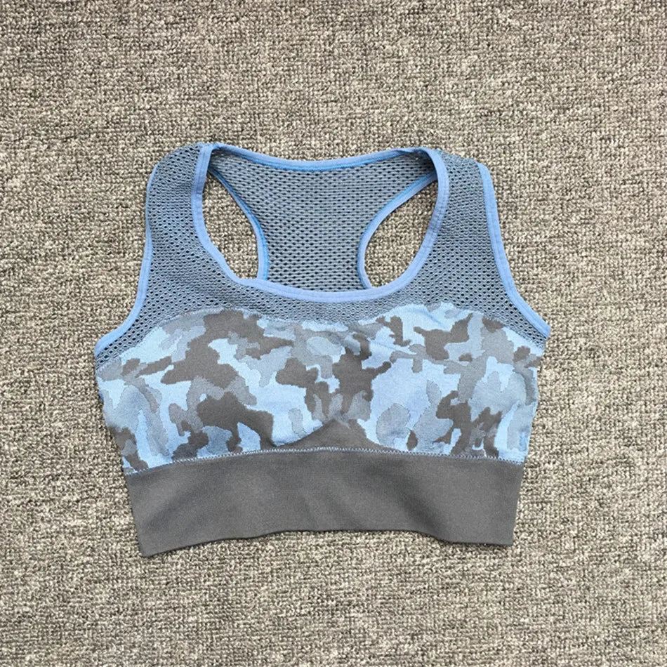 1PCS Camouflage Set Women Yoga Suit Sport Set Gym Workout Clothes Long Sleeve Fitness Crop Top High Waist Seamless Camo Leggings blue bra