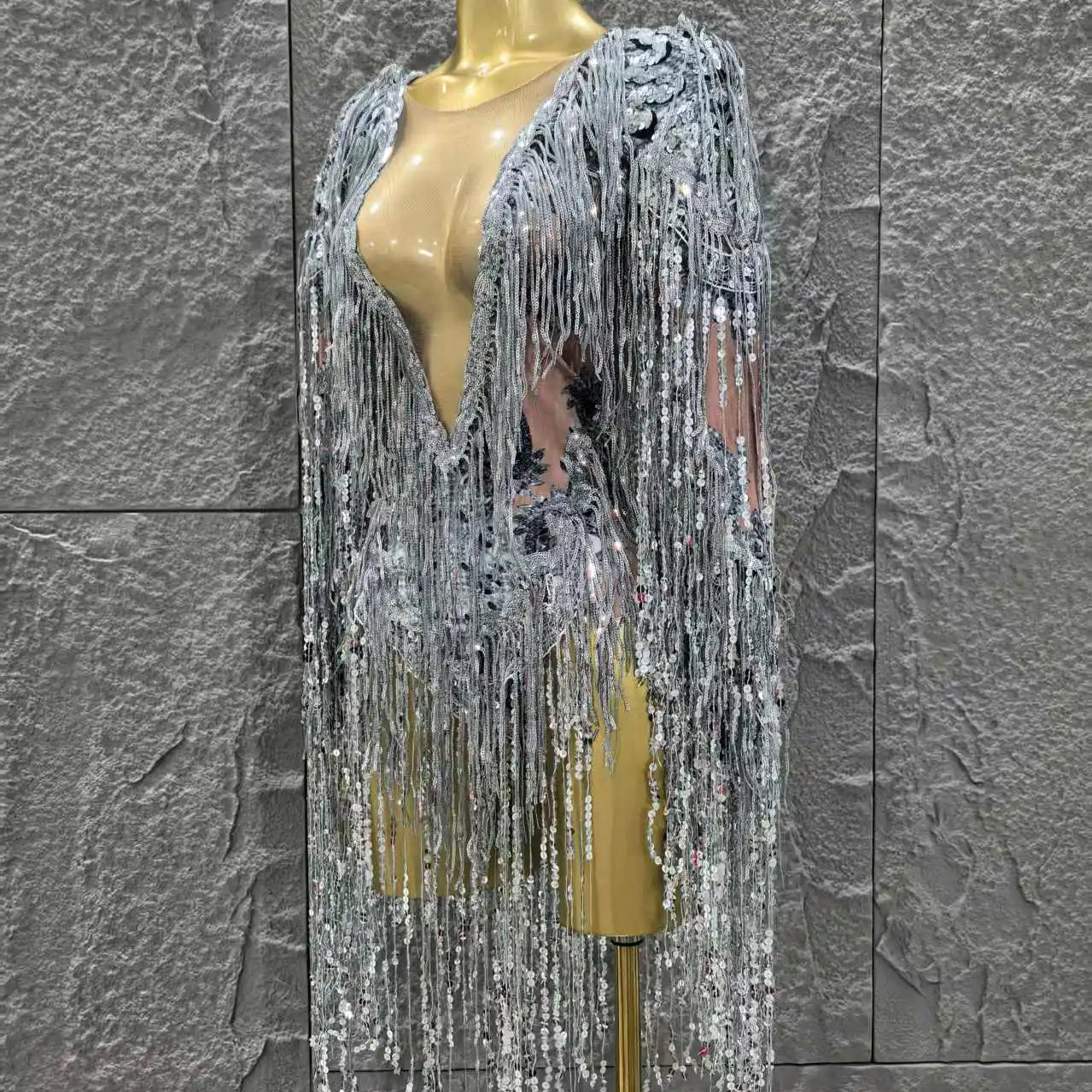 STOCK Women Long Sleeve Sexy V-Neck Bodycon Bodysuit Shinning Sequin Tassel Celebrate Bar Dancer Performance Costume Stage Wear