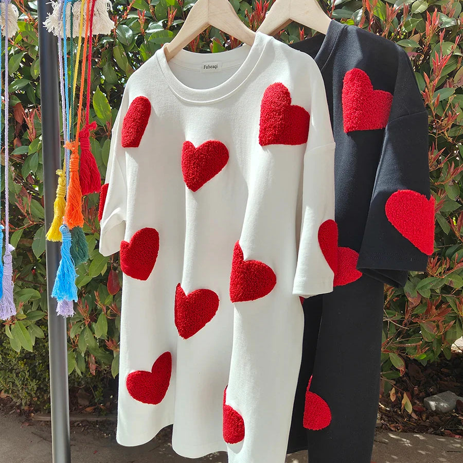 White 100% Cotton T-shirt for Women Summer Loose Oversized T-shirt with Heart Embroidery O-neck Pullovers Short Sleeve Tops