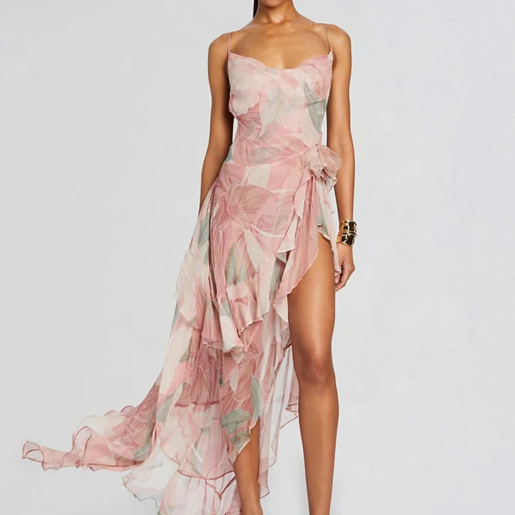 Floral-Print Ruffled Long Dress Pink Color Cowl Neck Spaghetti Straps Pleated Hem Strapless Maxi Cocktail Party Evening Gowns