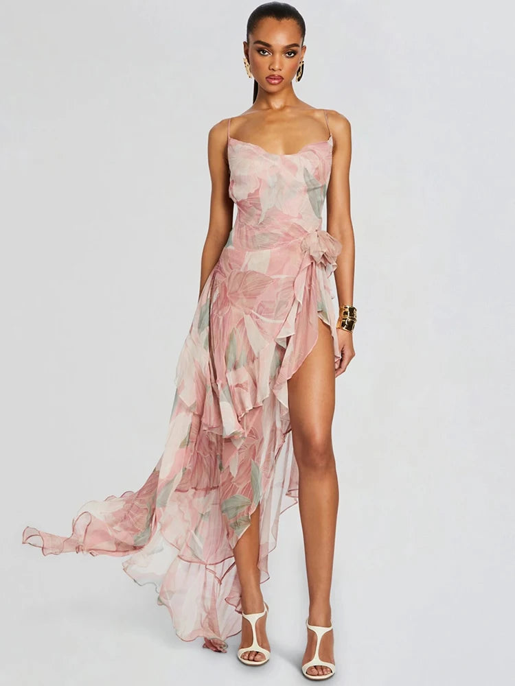 Floral-Print Ruffled Long Dress Pink Color Cowl Neck Spaghetti Straps Pleated Hem Strapless Maxi Cocktail Party Evening Gowns