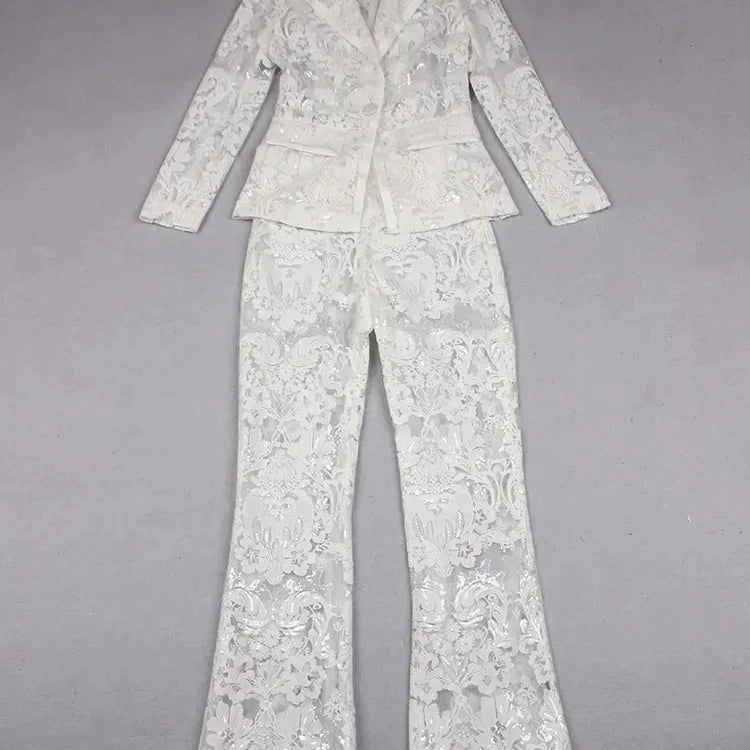 Sexy Autumn Women's Sequin Perspective Suit Pants Set with Polo Collar Long Sleeve Slim Fit Suit Coat+Flare Pants Two Piece Set WHITE