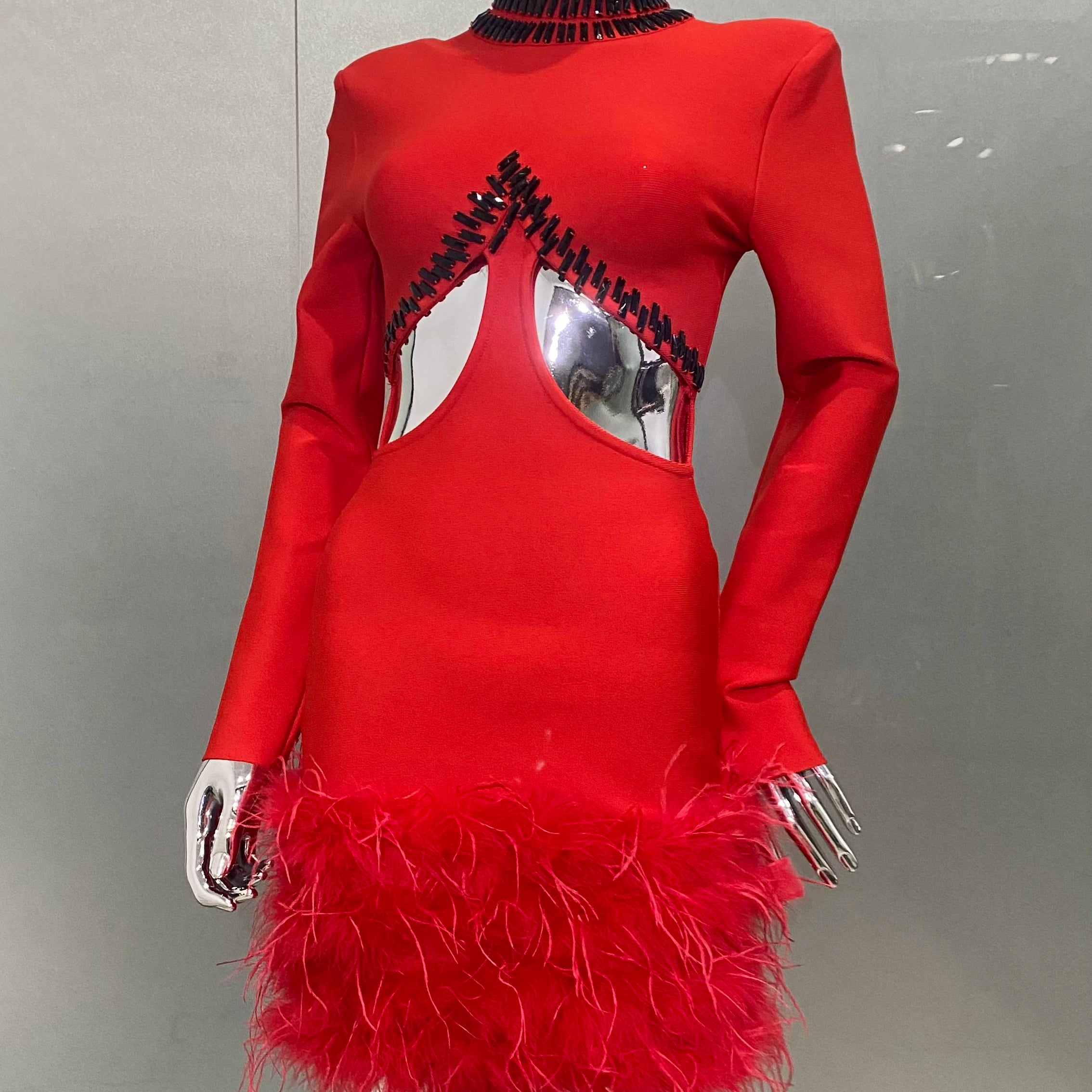 STOCK Gorgeous Feathers Sexy Hollow Out Red Mini Bandage Dress Fashion Woman Evening Dress Merry Christmmas Party Outfit