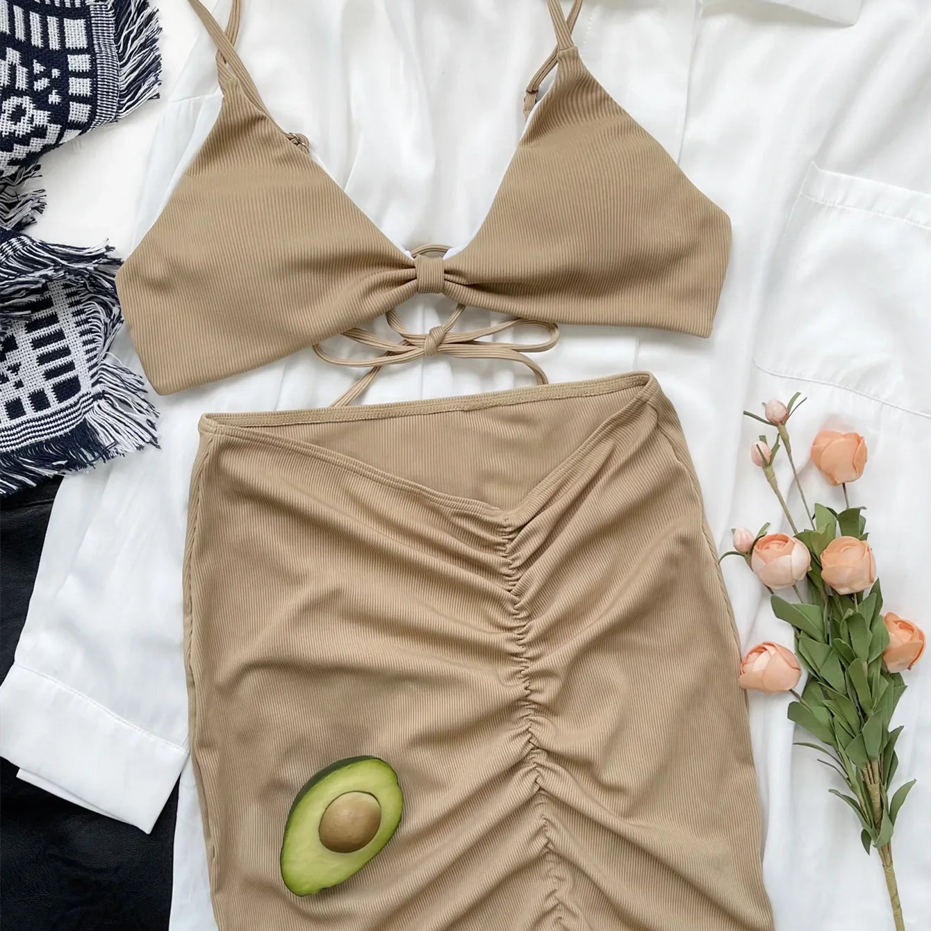 Women's Swimsuit 3-piece Solid Bikini Dress Feminine Bikinis Women's Two-piece Swimsuit Backless Bikini Set Bathing Suit SW250-khaki