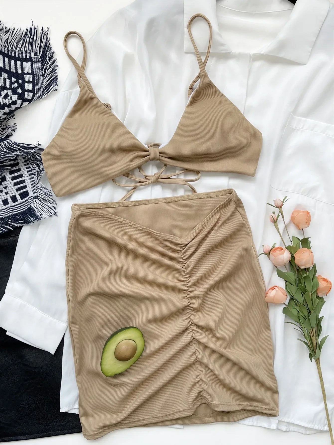 Women's Swimsuit 3-piece Solid Bikini Dress Feminine Bikinis Women's Two-piece Swimsuit Backless Bikini Set Bathing Suit SW250-khaki