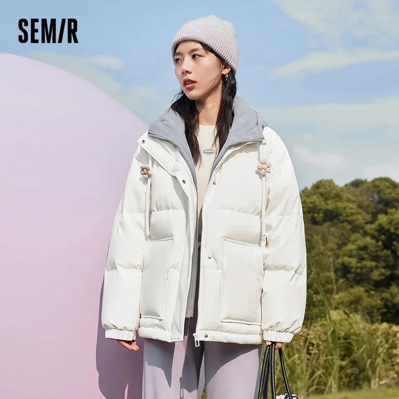 Semir Down Jacket Women Hooded Splicing Fake Two Winter New Oversize Flower Thick Coat Sweet