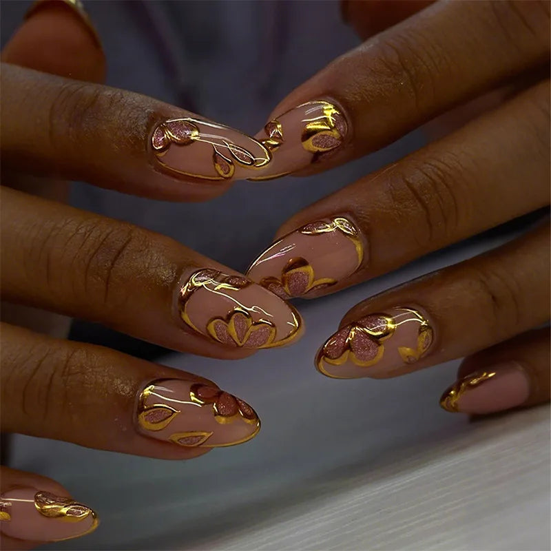 24Pcs Short Round Fake Nails with Gilding Flower Design Wearable Almond False Nails Tips Golden Lines Detachable Press on Nails 107-30