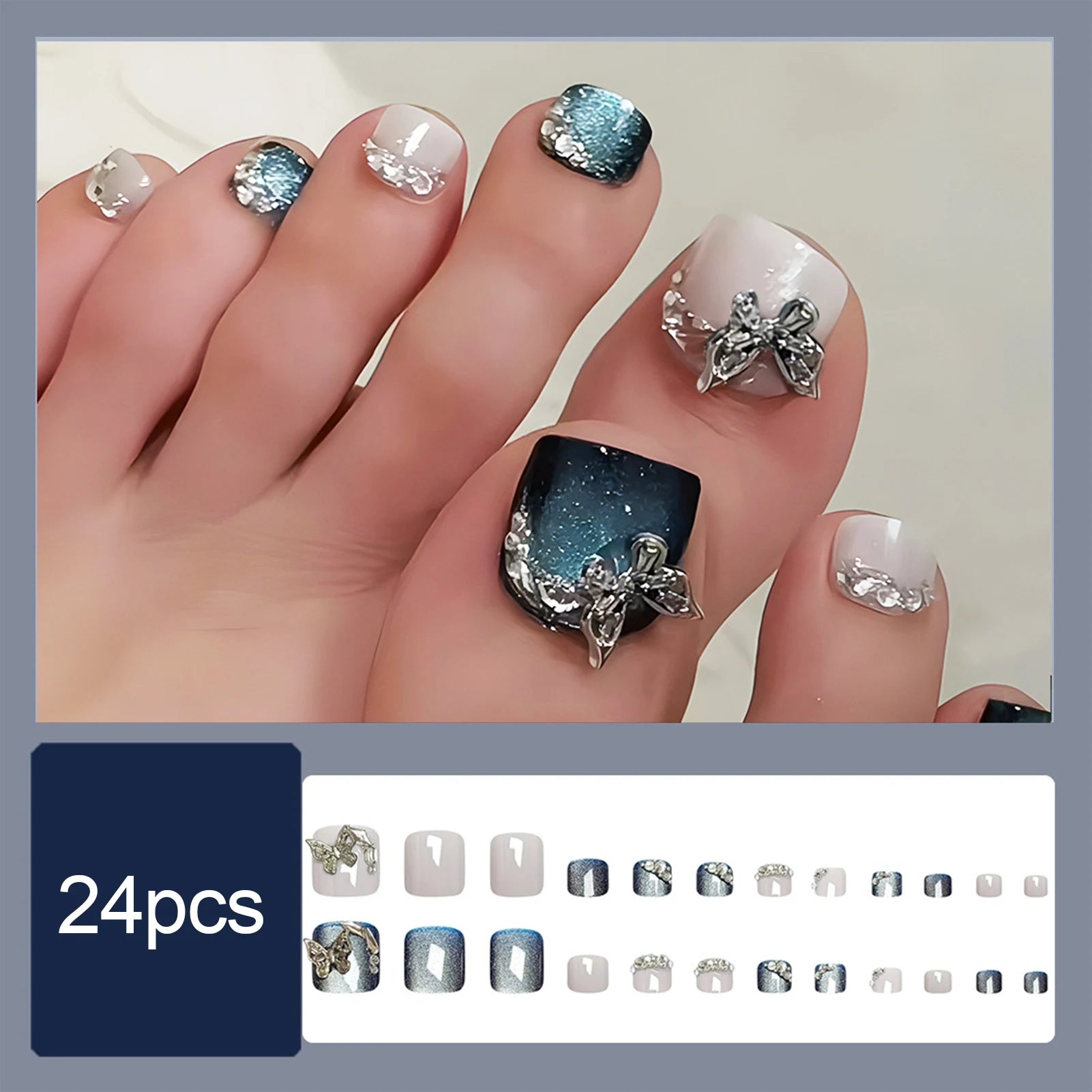 24pcs Blue Cat Eye False Toenails shiny Rhinestone Decor Fake Toenails Wearable Reusable Fashion Korean Press on Toenails 10