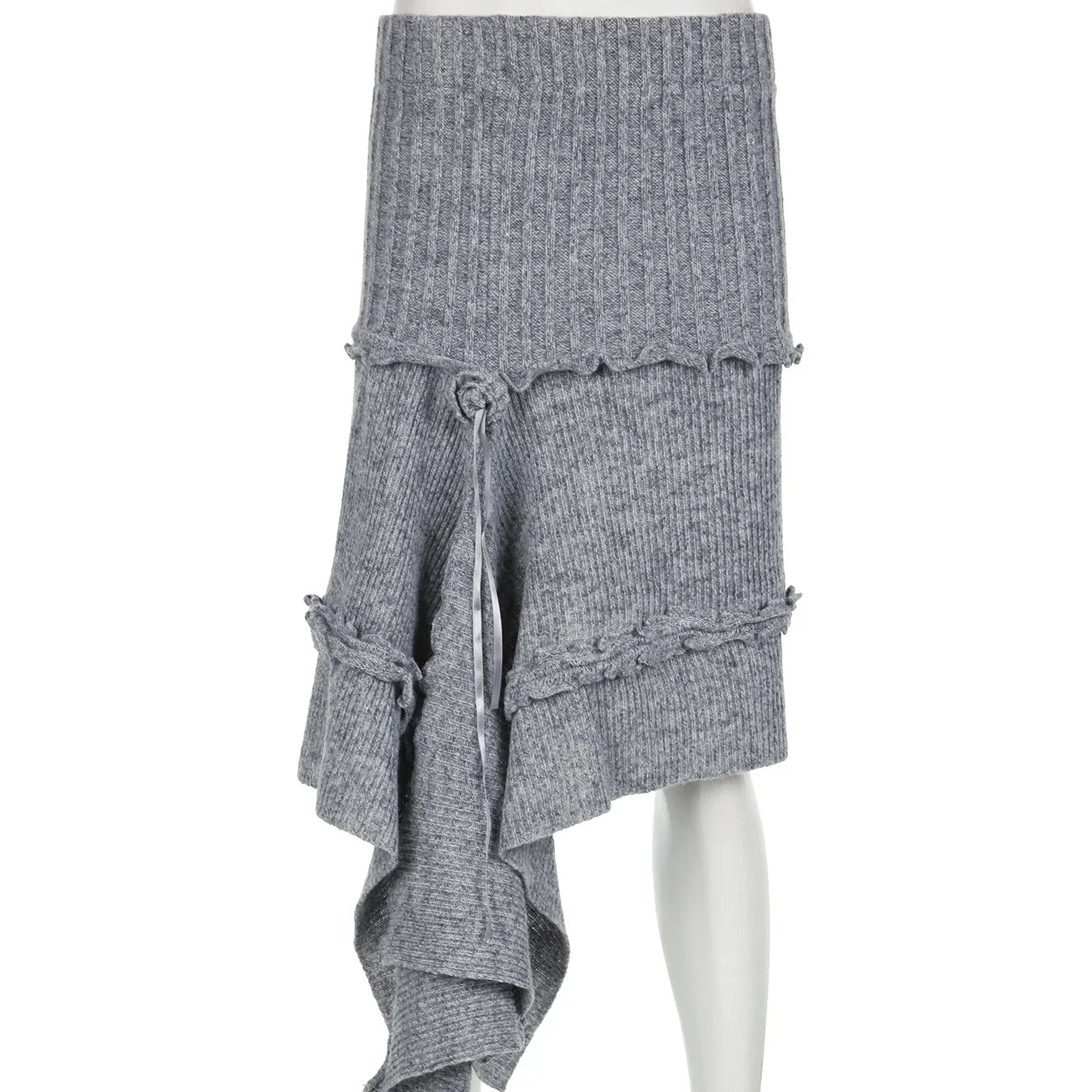 IAMSURE Grunge Style Casual Asymmetrical A-Line Skirt Solid Low-Waisted Knitted Midi Skirts Women Autumn Winter Fashion