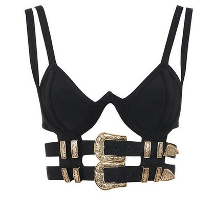 Ribbed Caged Buckle Bralette Sexy Gathered Push Up Camisole Hot Girls Black Crop Tops Vest