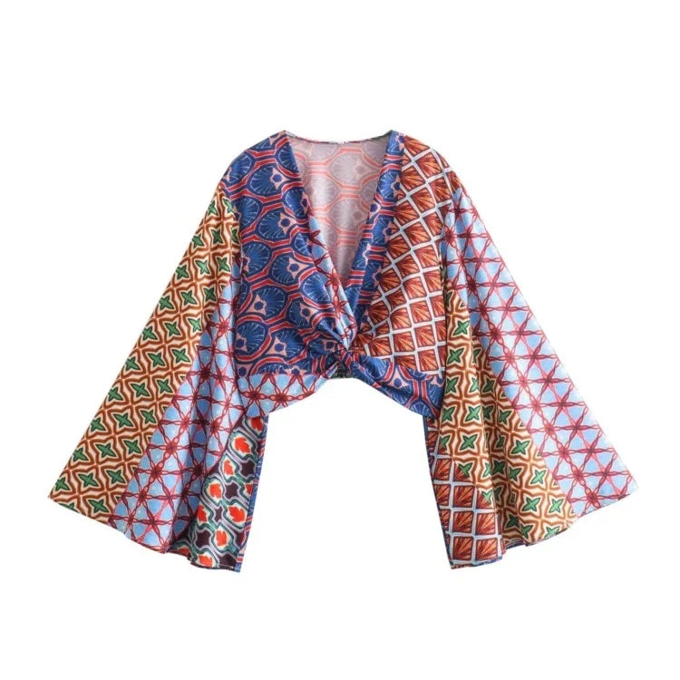 Aonibeier Printed Women Slim Shirt Wide Pants Suits Traf Summer Flare Sleeve Knot Front V Neck Crop Top Female Sets Y2K Outfits