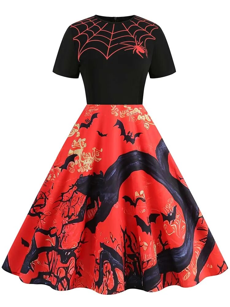 Women Halloween Costumes Dresses Short Sleeve Print 2024 Autumn Winter Vintage Party Dress Vestidos