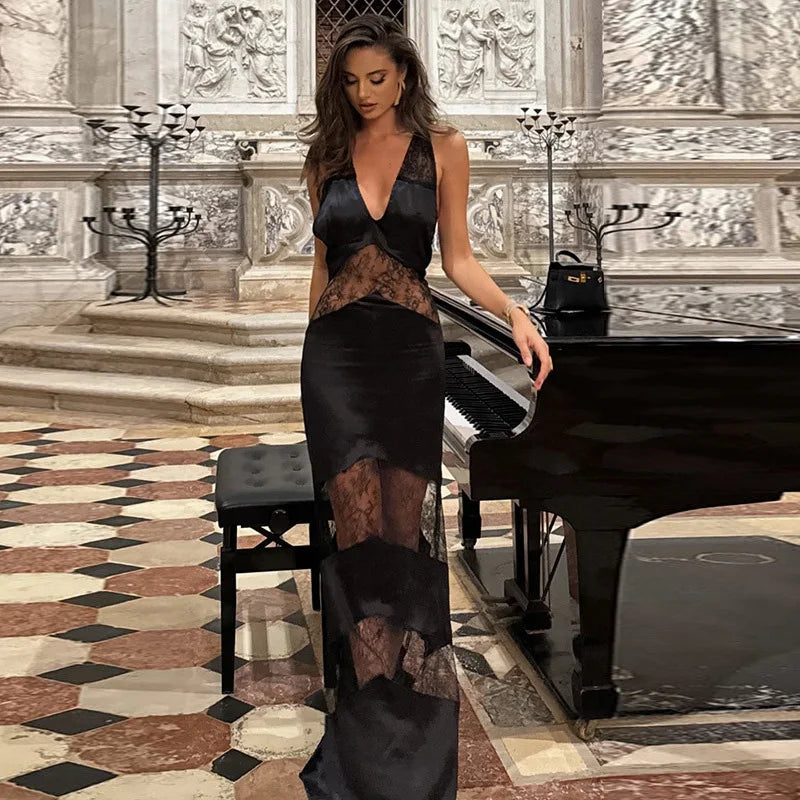 Lace See Through Sling Maxi Dress Women Sexy Slim Black Backless Sleeveless Long Dresses Female Summer Chic Party Evening Robes black-1