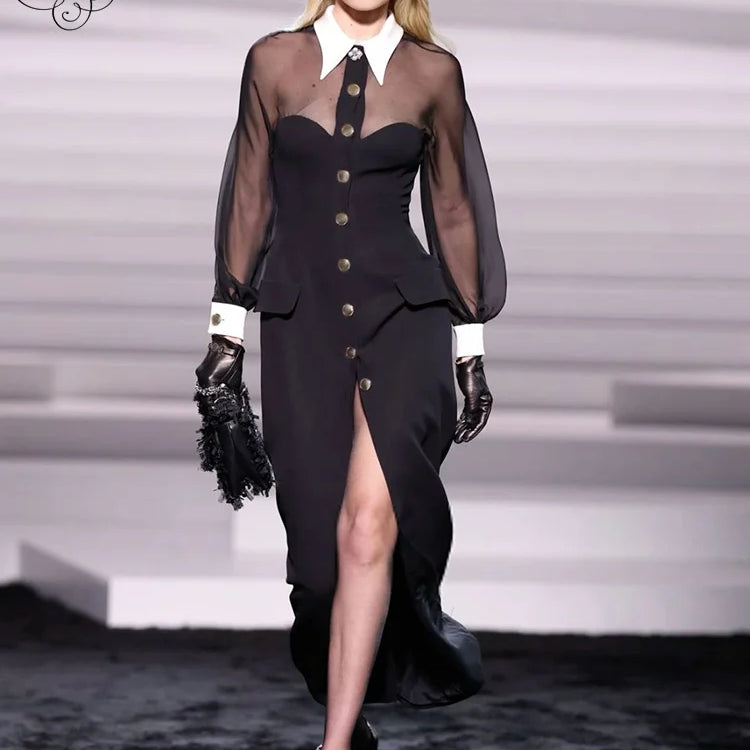 VC Women Elegant And Pretty Dress 2024 Spring Summer Fashion Party Long Sleeve Button Black Ankle Length Dresses