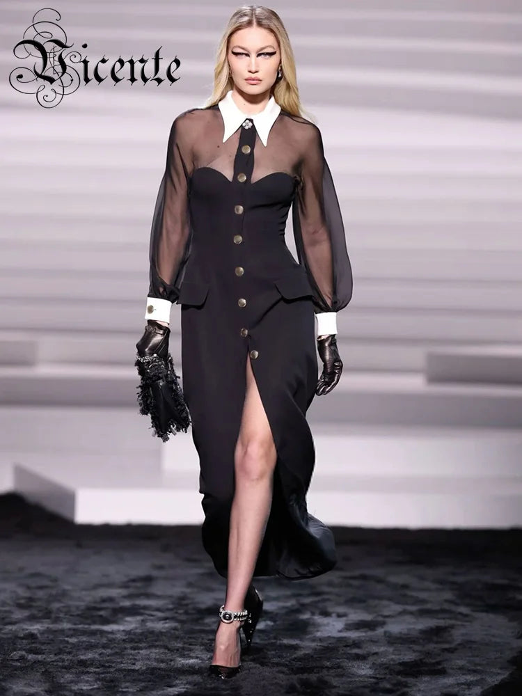 Women Elegant And Pretty Dress 2024 Spring Summer Fashion Party Long Sleeve Button Black Ankle Length Dresses