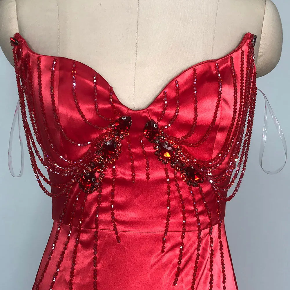 2025 Sexy Women'S Light Luxury Nail Bead Design Tailcoat And Floor Dress Strapless Sleeveless Bodycon Backless Marx Red Dresses
