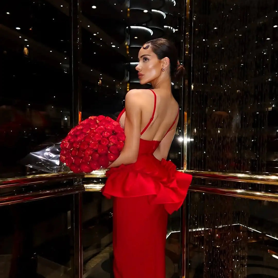 Valentine's Day Women Sleeveless V-Neck Ruffles Bodycon Long Bandage Dress Celebrate Evening Party Birthday Cocktail Dress