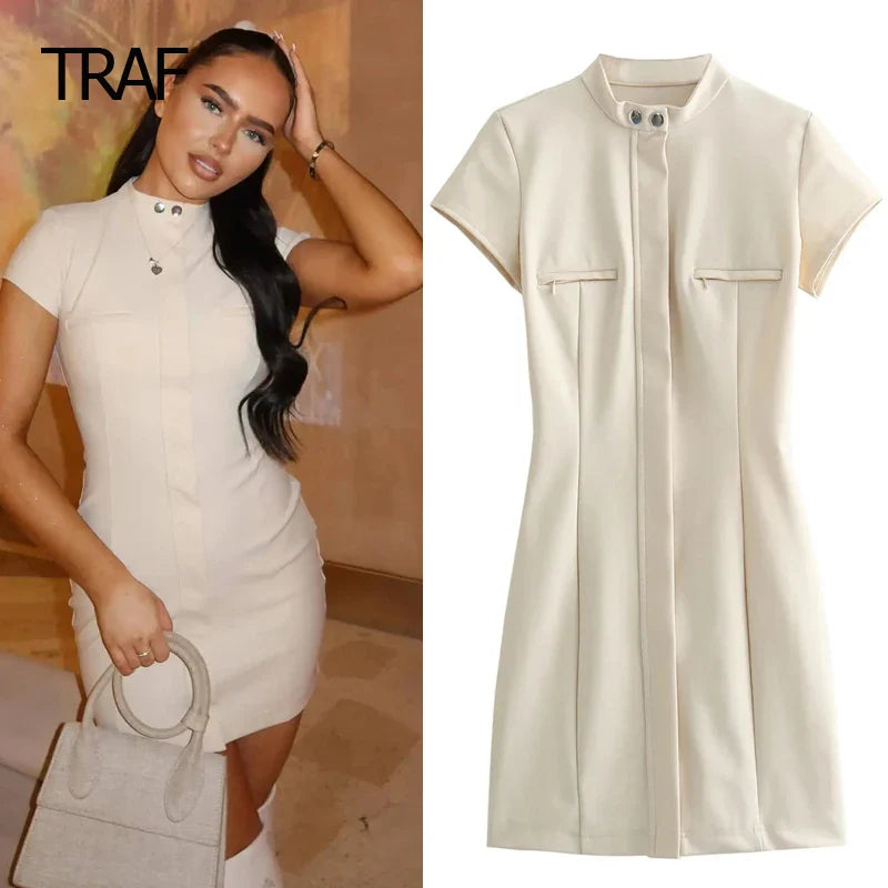 TRAF Midi Dress Womens Dresses Spring Summer O-Neck Short Sleeves Dresses New In Dress Party Dresses Women Elegant Luxury