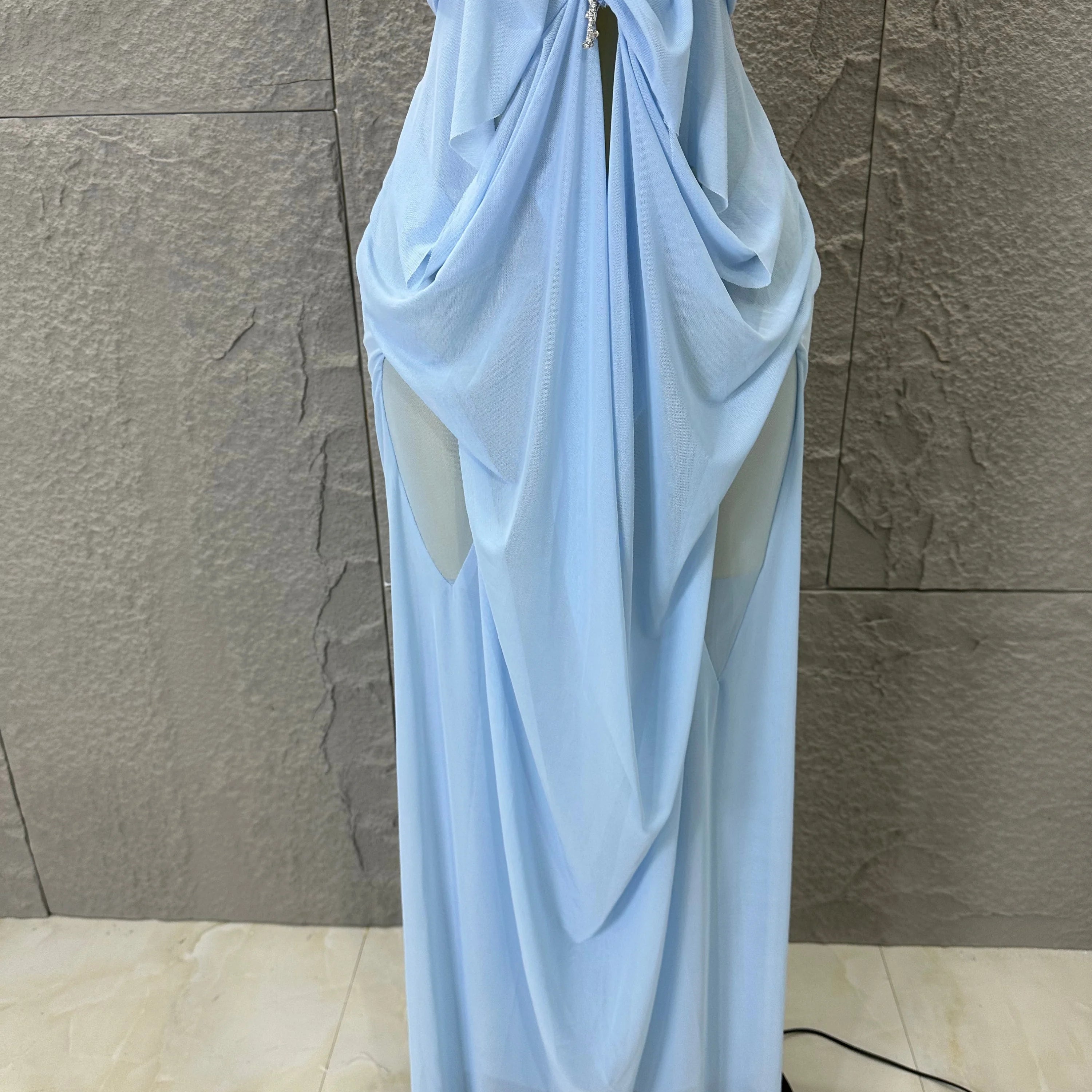 Sexy Halter Neck Maxi Dress Crystal Chain Cutout Ruched Women Sheer Mesh Form Outfit Glamorous Evening Gala Party Costume