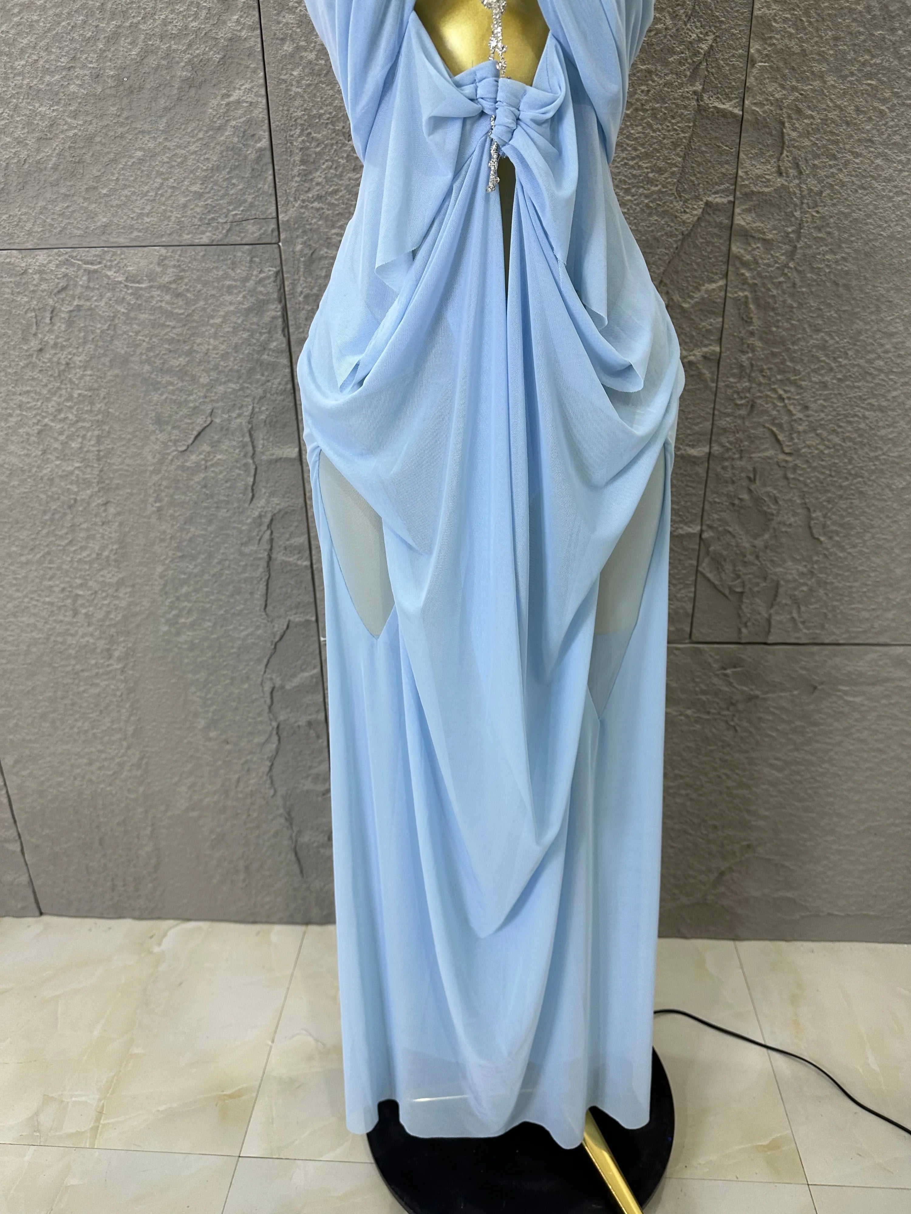 Sexy Halter Neck Maxi Dress Crystal Chain Cutout Ruched Women Sheer Mesh Form Outfit Glamorous Evening Gala Party Costume