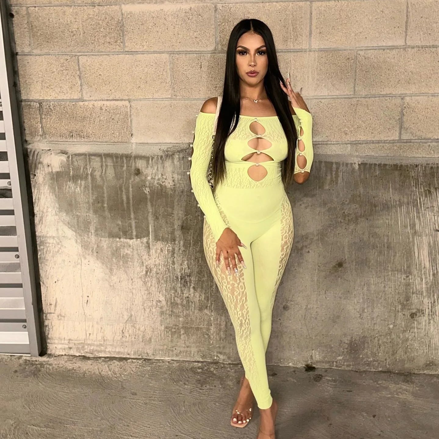 2025 Long Sleeve Sexy Leopard Lace See Through Women’s Jumpsuits Summer Slash Neck Night Club Party One Piece Outfits lemon yellow One Size