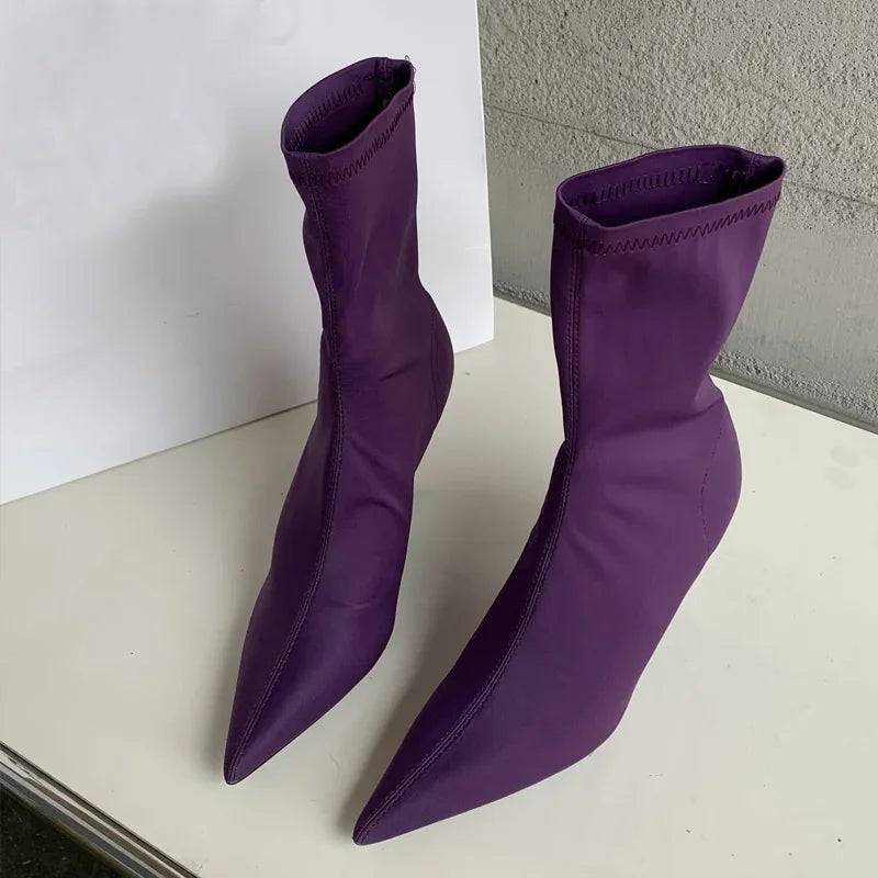 New Spring Autumn Stretch Fabric Women Ankle Boots Sexy Pointed Toe High Heels Fashion Female Socks Pumps Shoes Purple