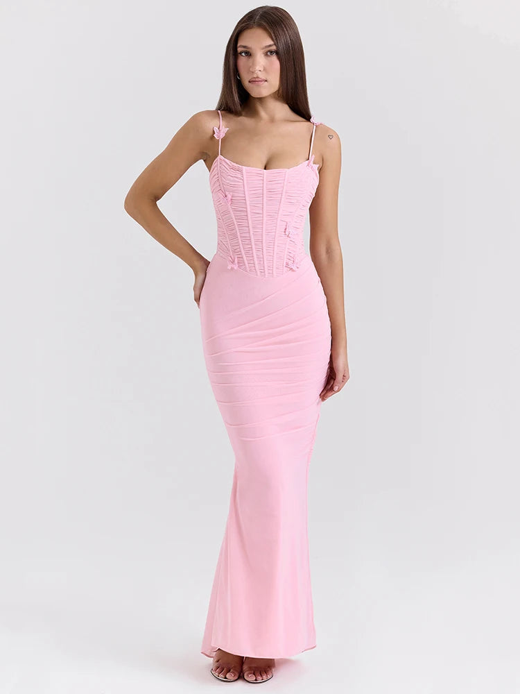 Mozision Bow Spaghetti Strap Sexy Maxi Dress For Women Gown Elegant Off-shoulder Sleeveless Backless Evening Club Party Dress