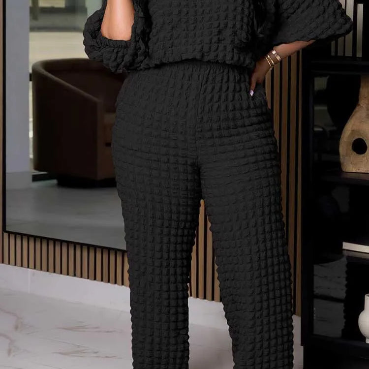 Curvy Plus Size Woman Clothing Fall Winter Long Sleeve 2 Piece Outfit Set Bubble Waffle Pleated Top and Pants Sets Elegant Suit black