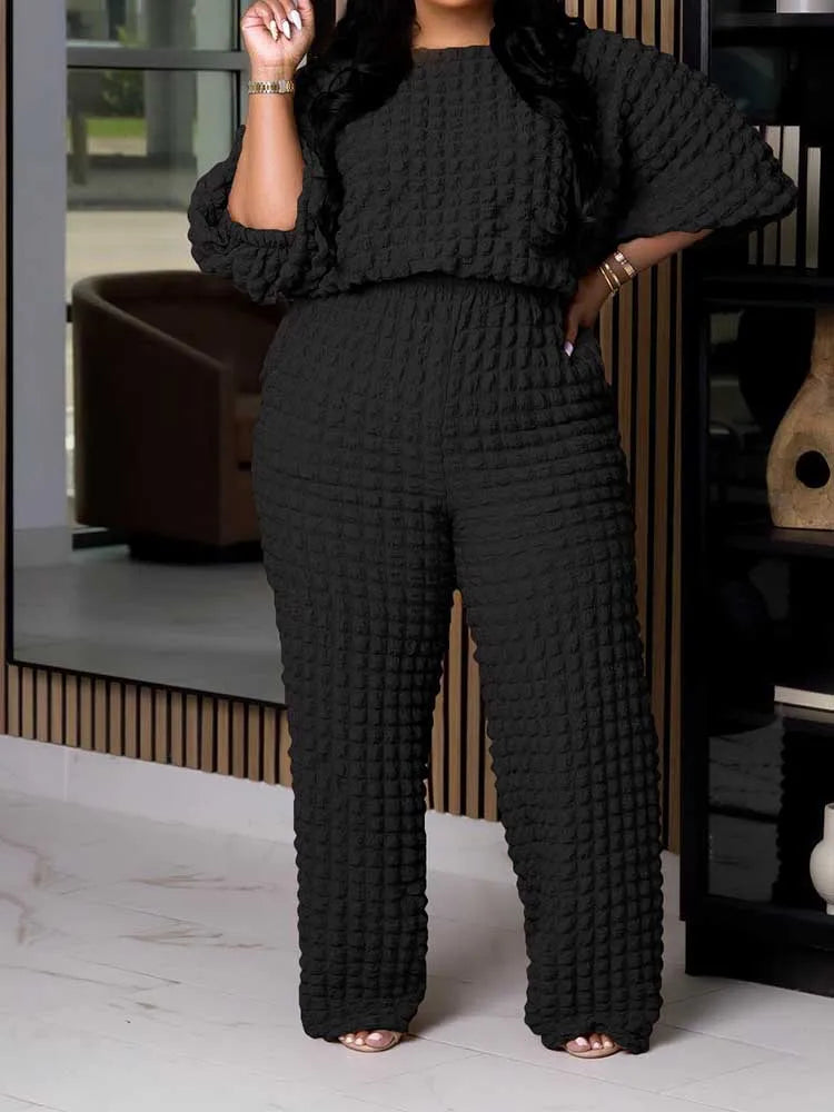 Curvy Plus Size Woman Clothing Fall Winter Long Sleeve 2 Piece Outfit Set Bubble Waffle Pleated Top and Pants Sets Elegant Suit black