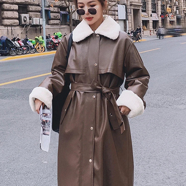 Winter Long Warm Thick Leather Trench Coat for Women with Faux Fur Inside Belt Loose Korean Fashion 2021 Fur Lined Parka Brown