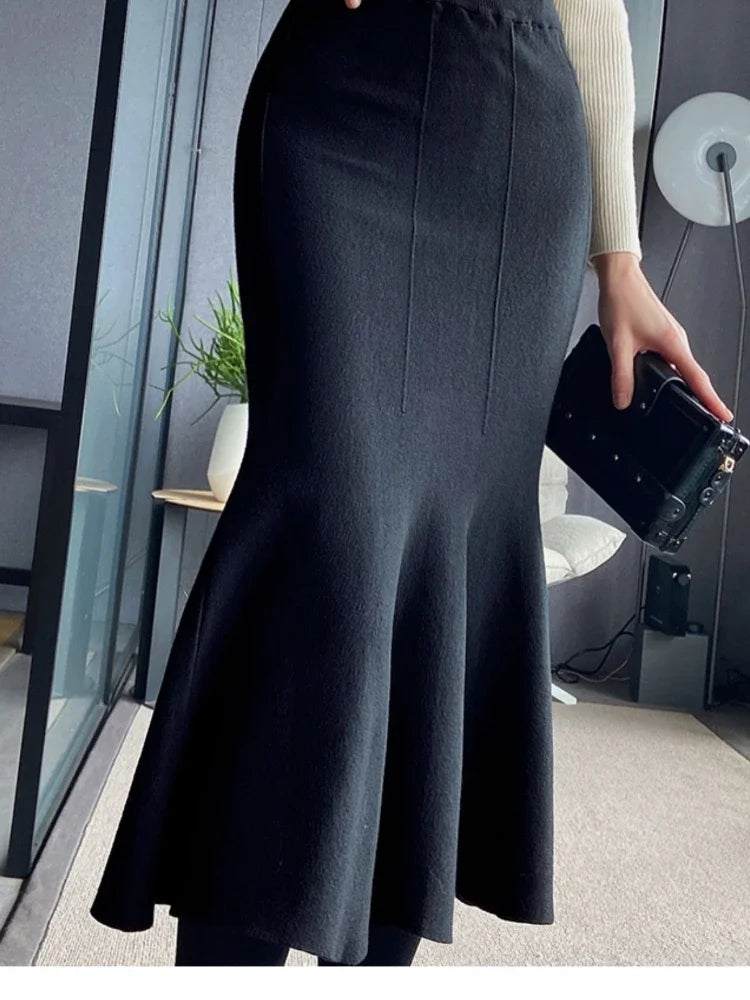 Women's Skirts Autumn Winter Fashion Knitted Long Skirts for Women Green Vintage Slim Korean Style A-LINE Fishtail Skirt black One Size