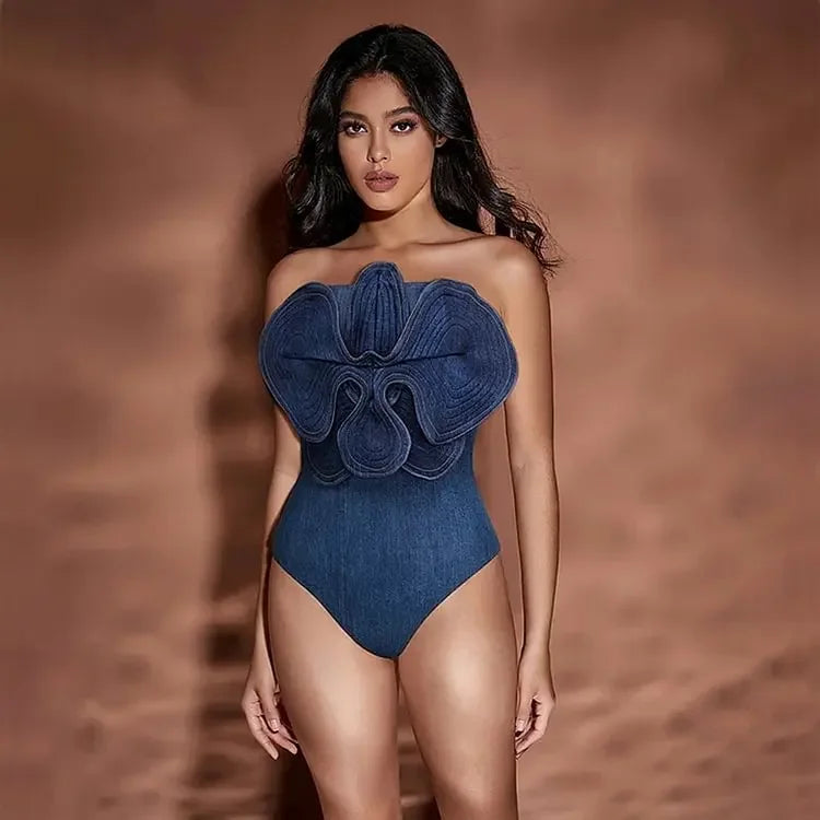 New Off Shoulder 3D Flower denim printed One piece Swimsuit set Shiny Women Swimwear Beachwear bikinis bathingsuit