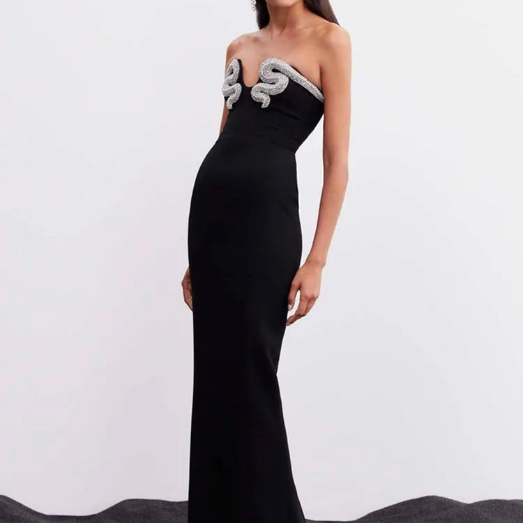 Women Celebrity Sexy Strapless Backless Diamonds Black Maxi Long Bodycon Bandage Dress Elegant Evening Club Party Dress