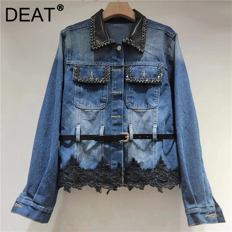 Autumn New Fashion Patchwork Diamond Single-breasted Double Pocket Pleated Lace Trim Denim Jacket For Women 11A07629