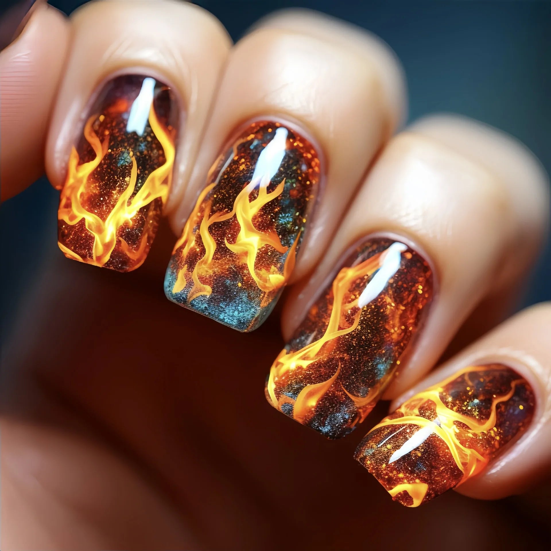24pcs/set Medium Square fake nails Gradient Aurora flame Lightning stripes starry sky faux ongles tips press on false nails art 1667