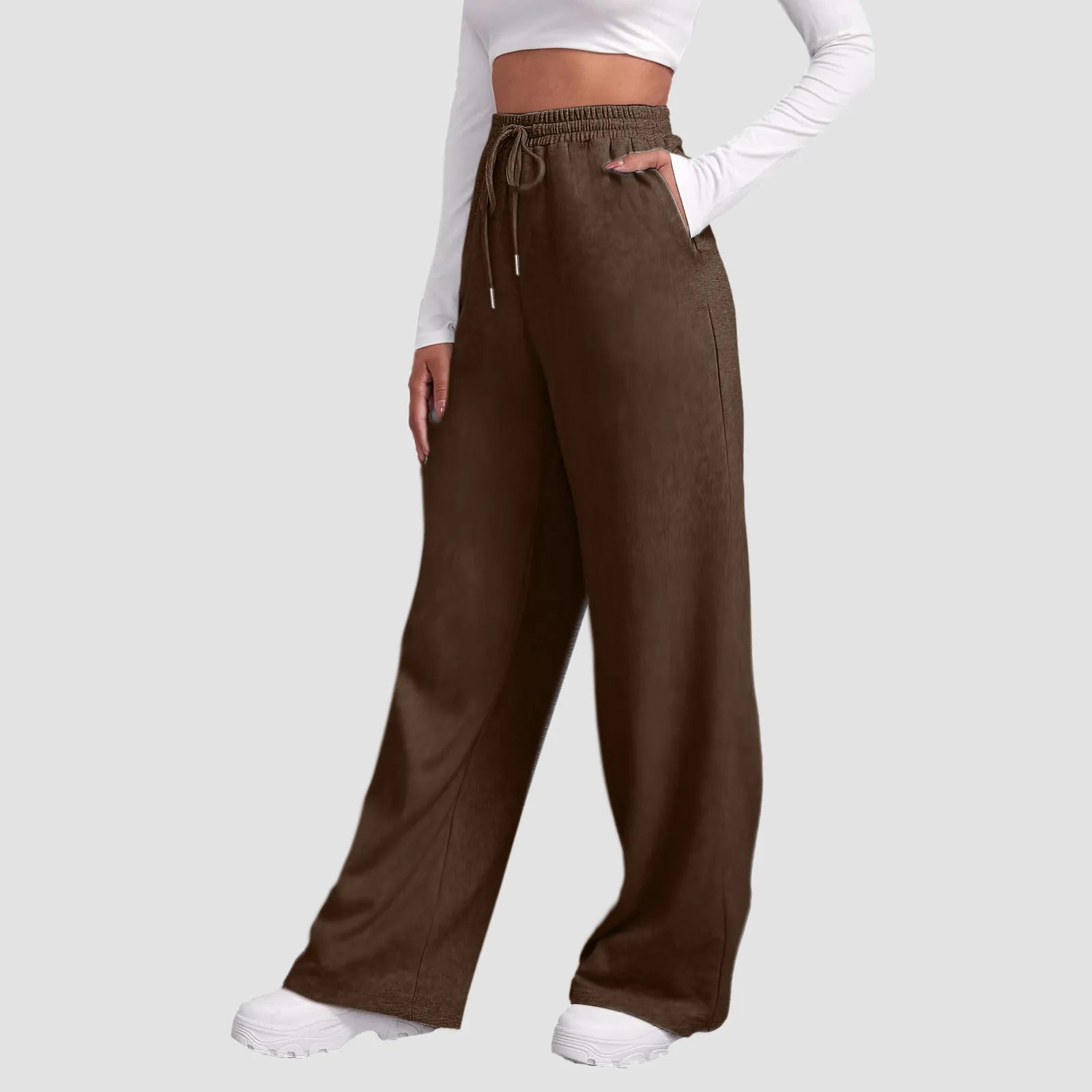 Wide Leg Pants For Women’S Fleece Lined Sweatpants Straight Pants Bottom All-Math Plain Fitness Joggers Travel Basic Pants Brown-B