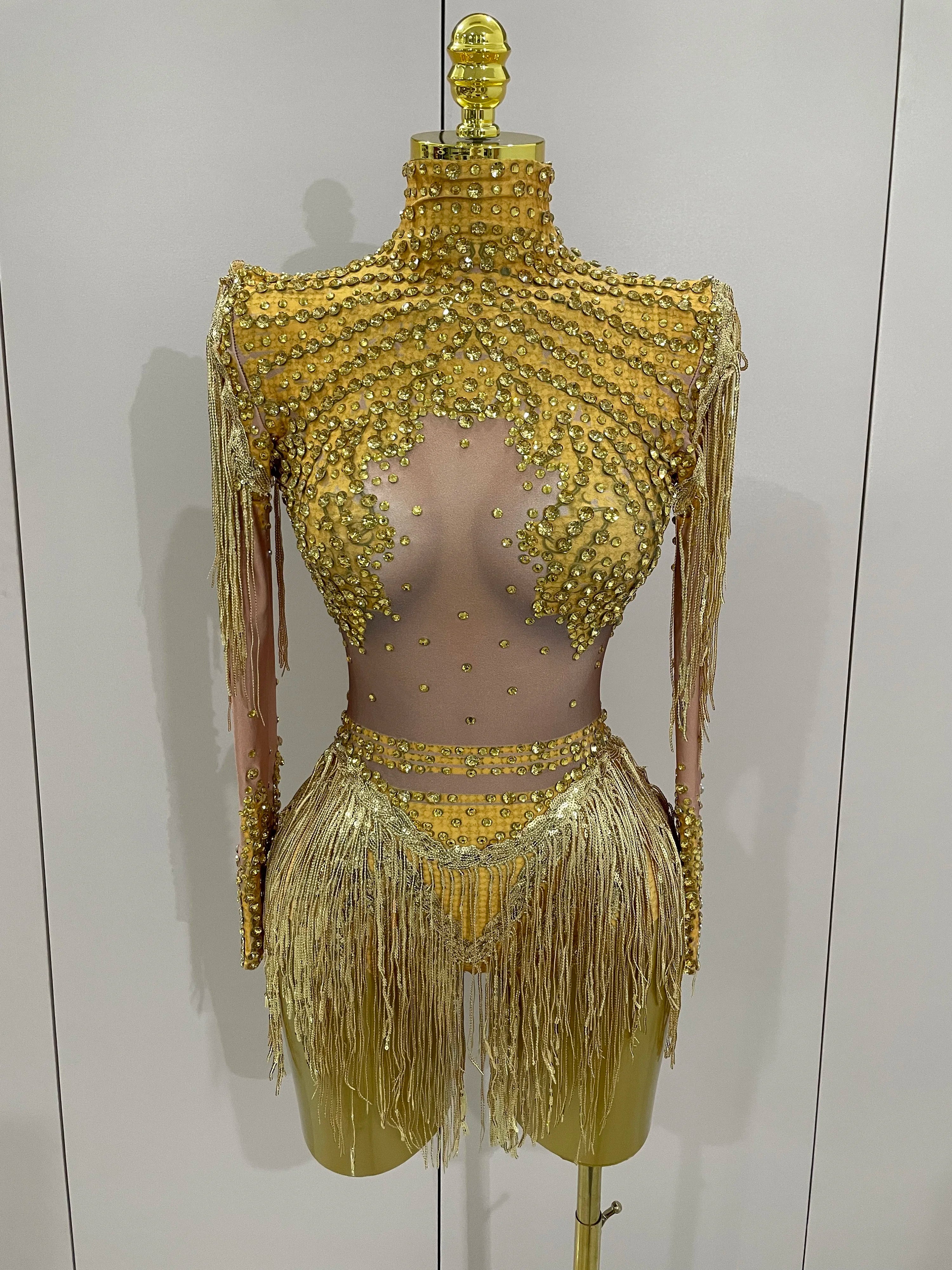 Sparkly Rhinestone Sequin Tassel Stretch Bodysuits 2025 Women Birthday Party Nightclub Dj Stage Performance Costume Gold