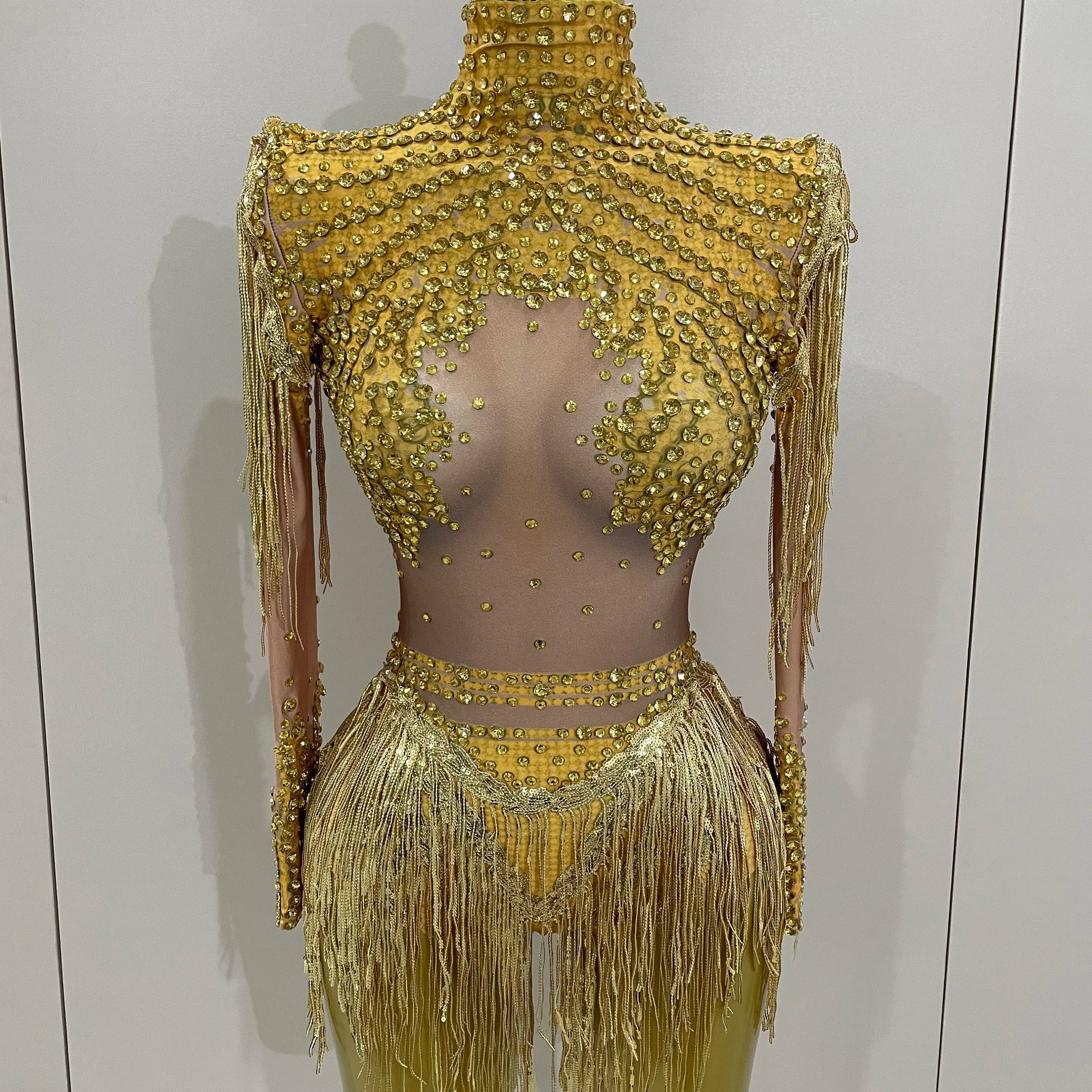 Women Sparkly Rhinestone Sequin Tassel Stretch Bodysuits 2025 Birthday Party Nightclub Dj Stage Performance Costume Gold