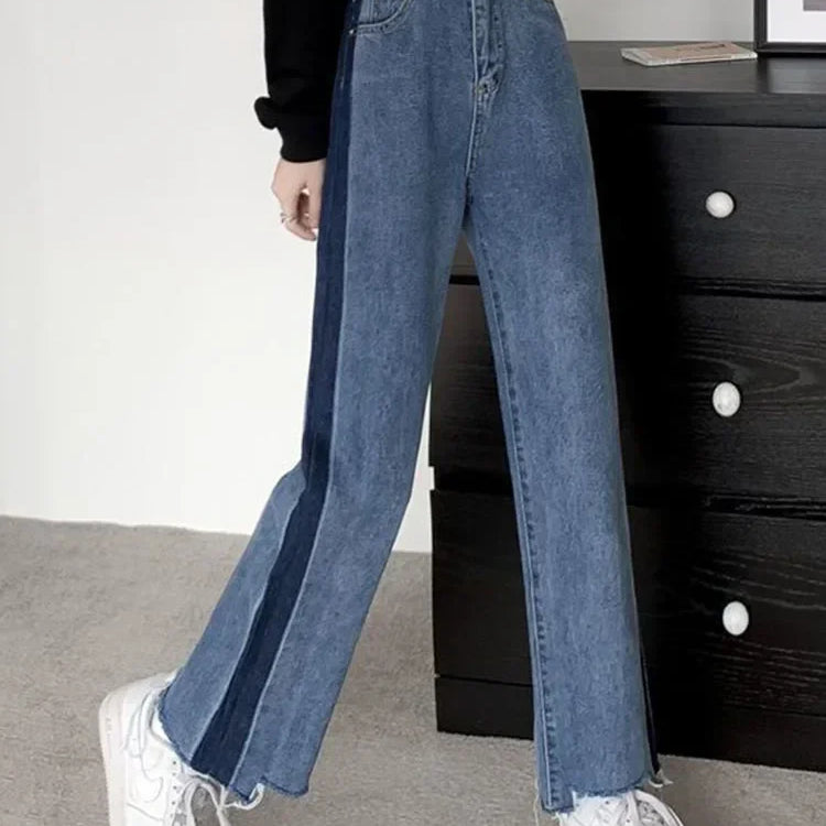 Korean Ankle Length New Hight Waist Side Stripe Straight Jeans Woman Baggy Big Size 5xl Wide Leg Denim Pants Spring